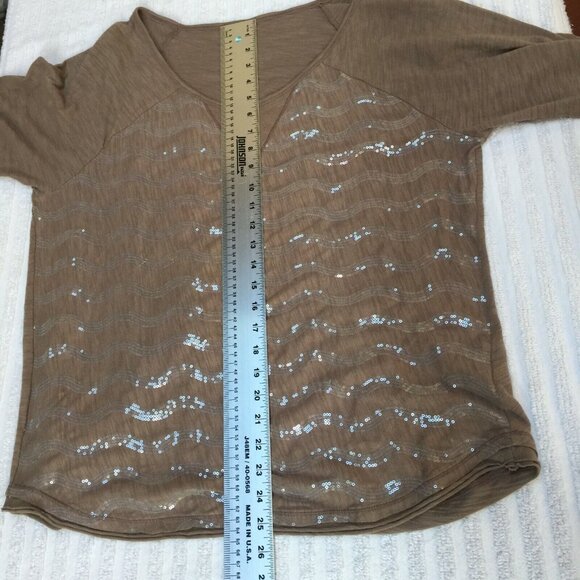 Women's Avec Sequins Blouse Top Scoop Neck Half Sleeve XL Cotton Brown - Picture 7 of 8